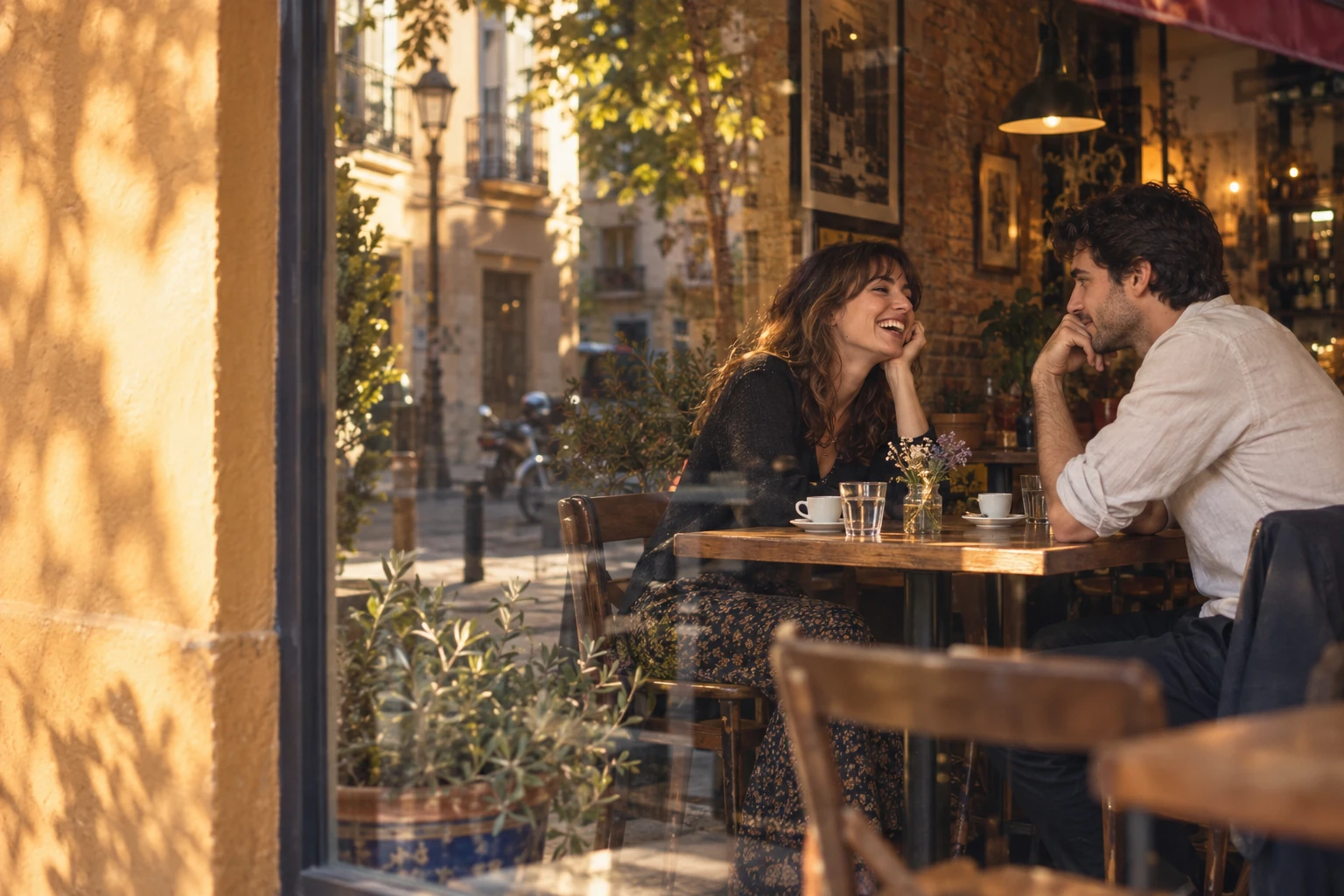 Imagen conceptual: dos adultos conversan en un café bañado por la luz de la tarde